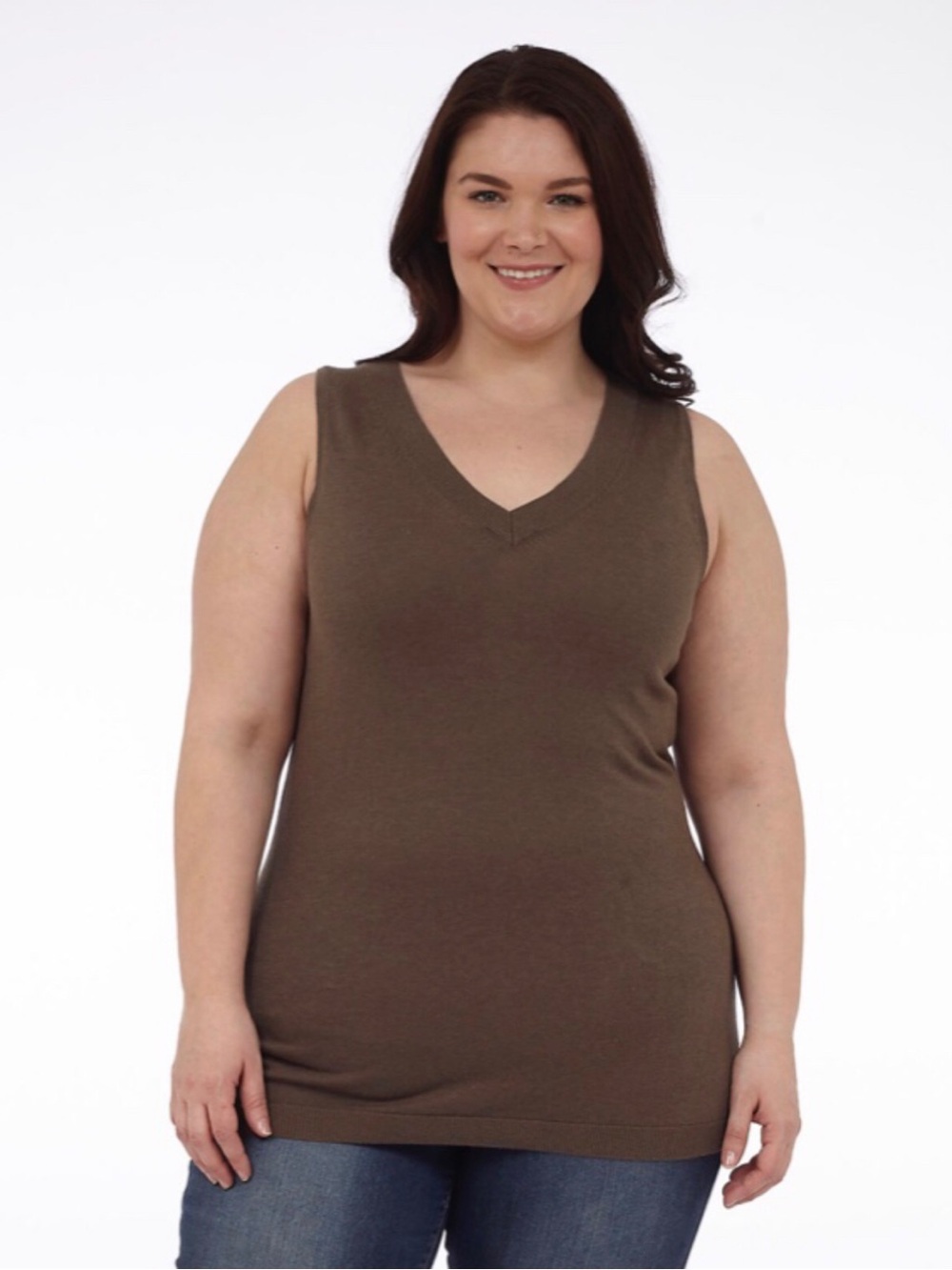 Plus (Full Figure) V-Neck Sleeveless Knit Tank Top-Fawn